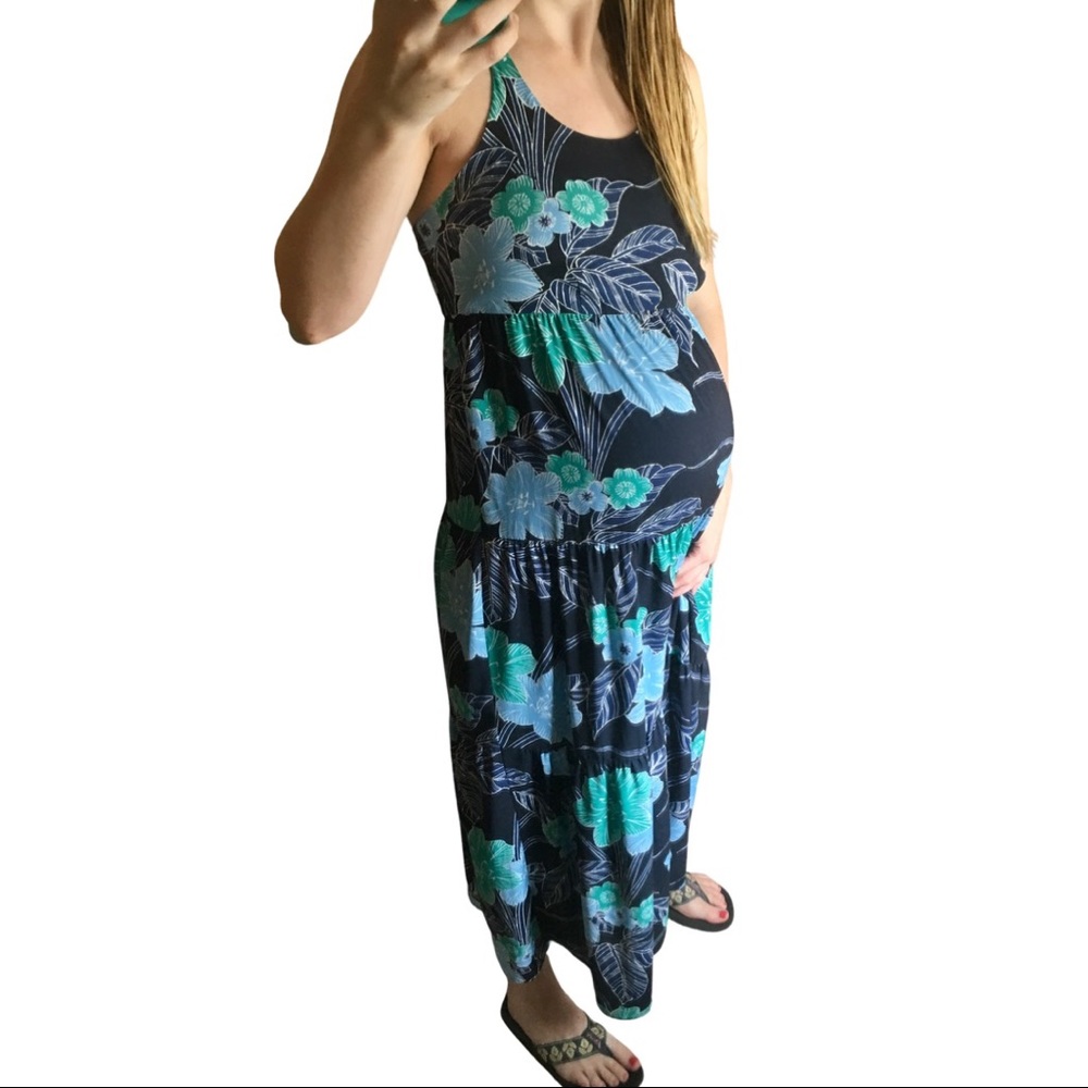 LOFT Maternity Maxi Dress Tropical Floral Spaghetti Cross Back 2 Petite